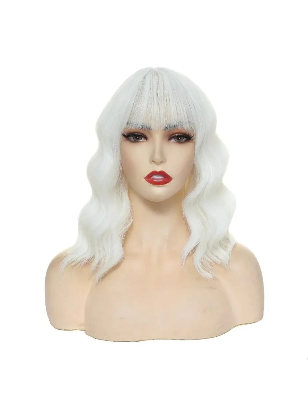 Women's White 14 Inch Heat Resistant Short Wavy Hair Pastel Bob Wig Bangs